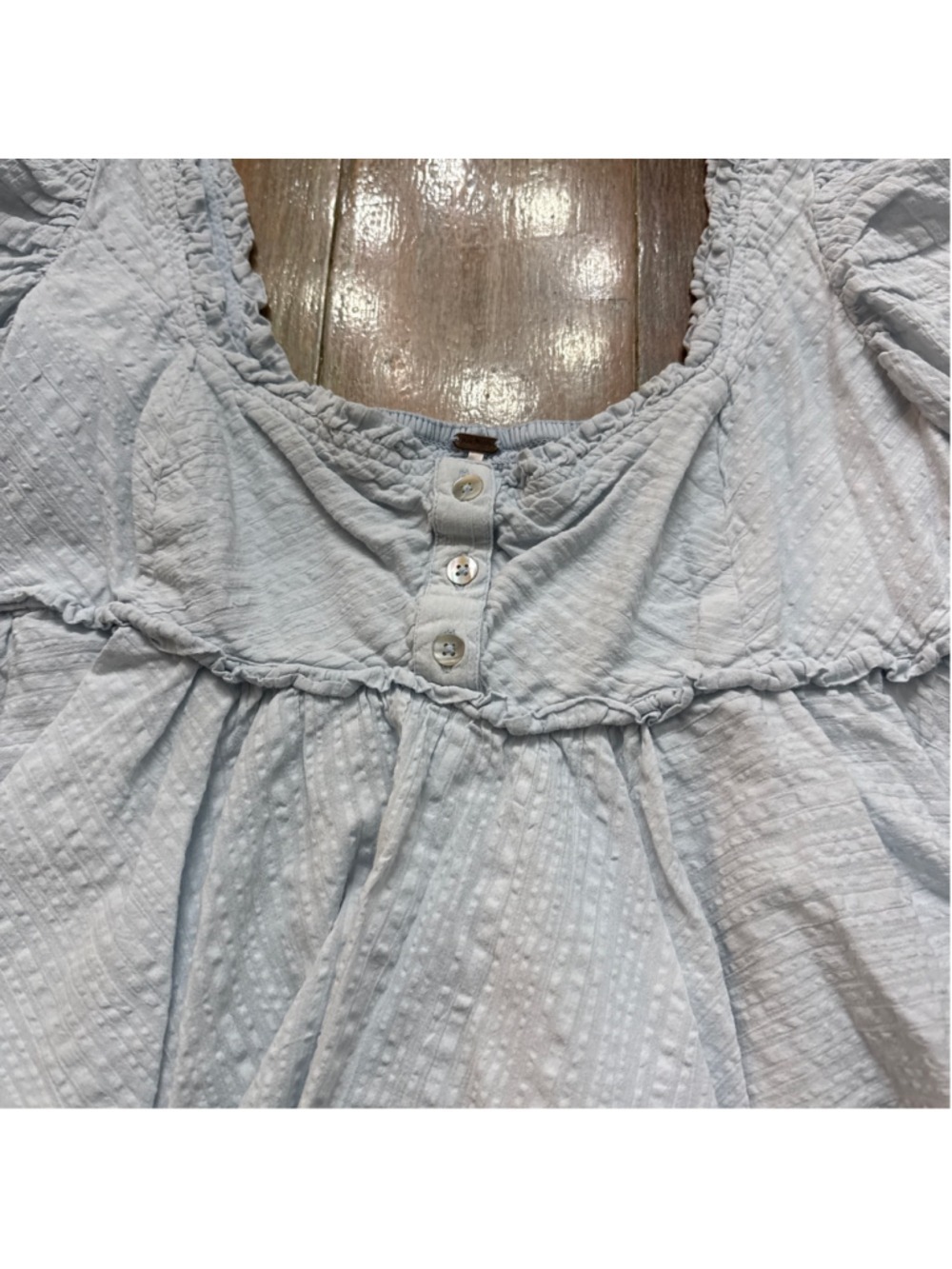Free People Baby Blue Seersucker Puff Sleeve Babydoll Top Smocked Back S - Picture 5 of 11